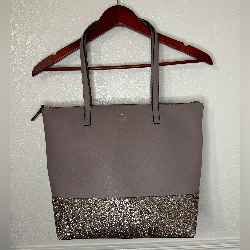 Kate Spade Taupe Tote With Glittery Bronze Bottom